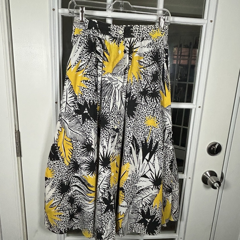 Vintage 80s Anya By Mandy Tropical Leopard Print Cotton Midi Skirt Size 7/8